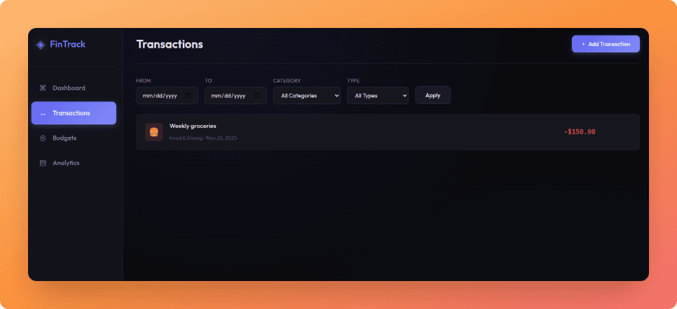 Transactions page with filtering