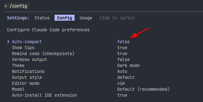 Config screen with auto-compact turned off