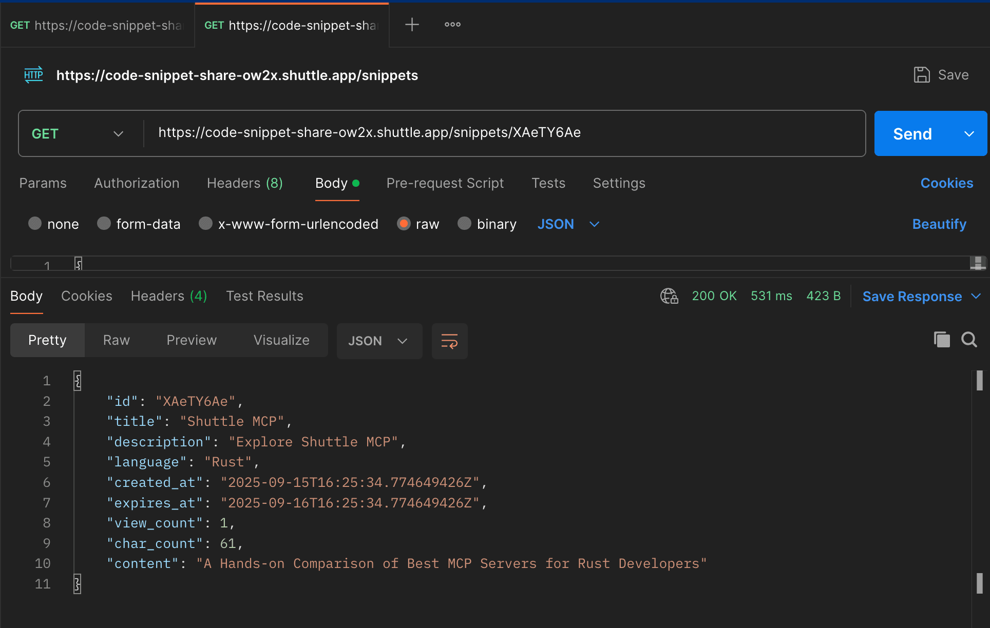Postman request to retrieve a single snippet