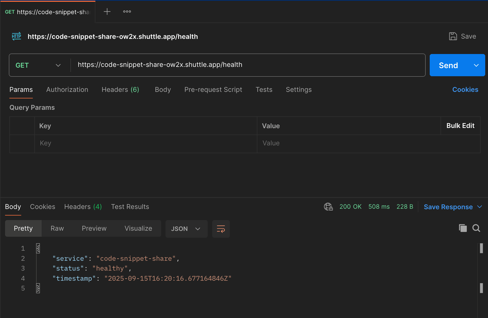 Postman request testing the health endpoint showing successful response