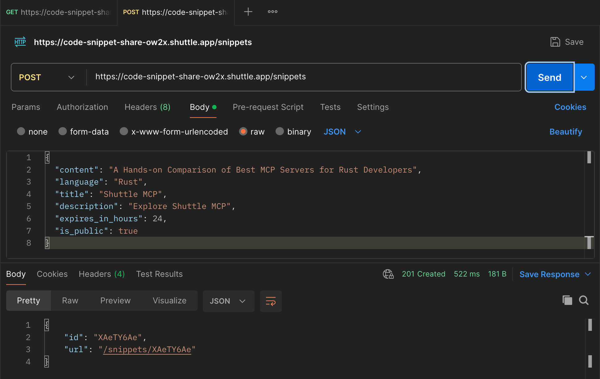 Postman POST request creating a new code snippet with JSON payload