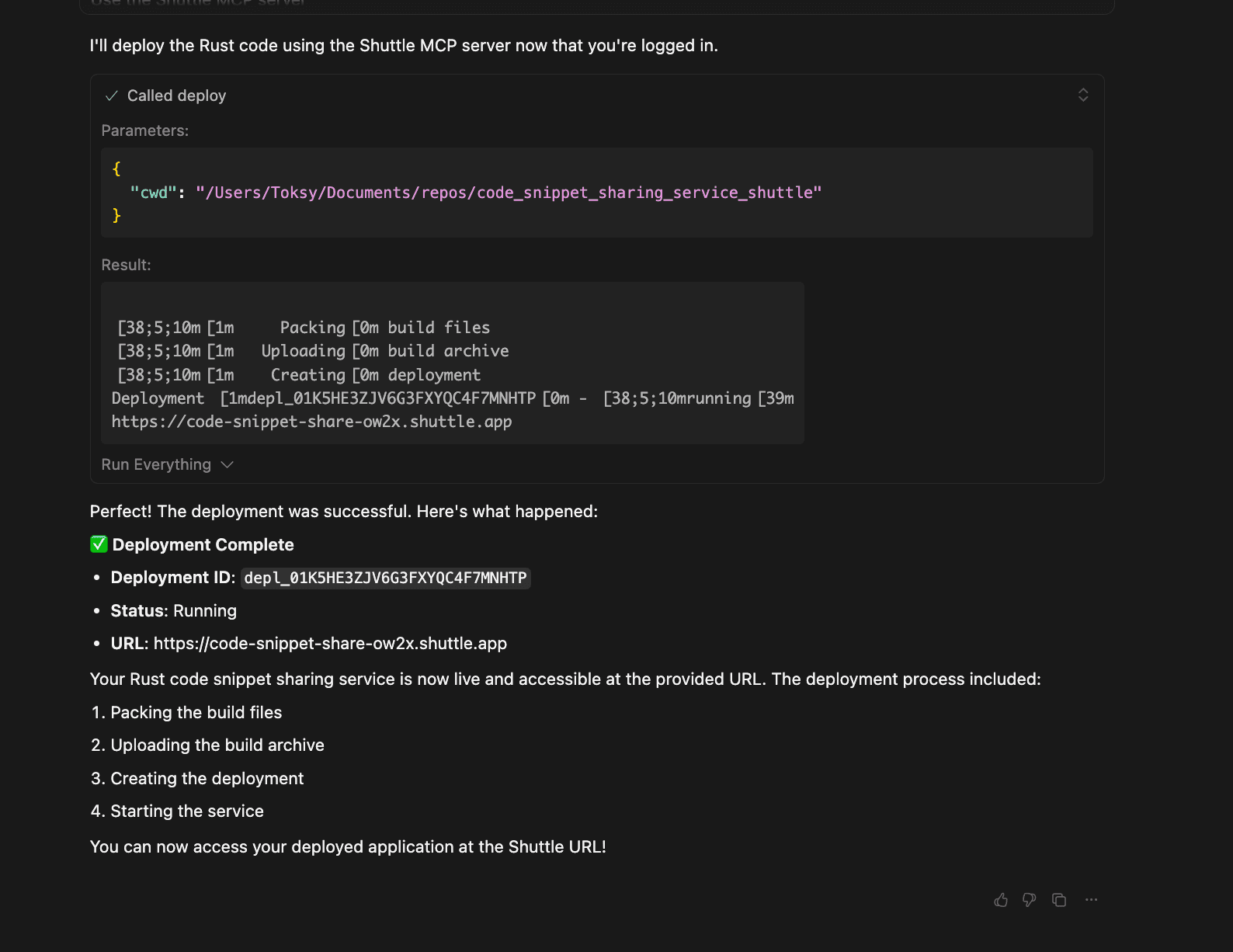 How to deploy Rust application using Shuttle MCP Server